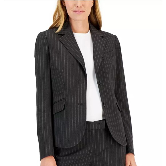 Anne Klein Womens Blazer Size‎ 6 Jacket Button Pinstripe Black Wool Blend Petite - Picture 1 of 13